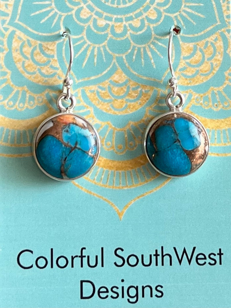 Round copper turquoise in Sterling silver earrings