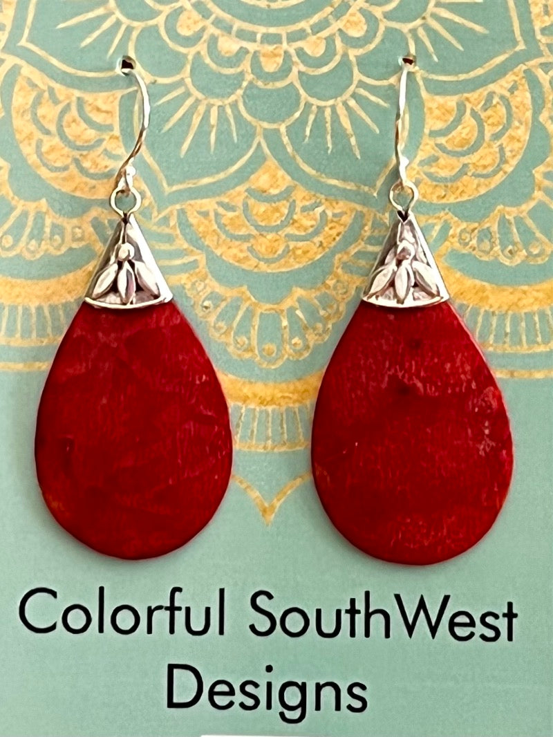 Teardrop earrings sterling and coral