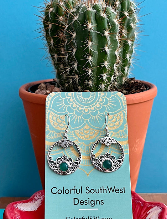 Round Green Onyx Sterling Earrings