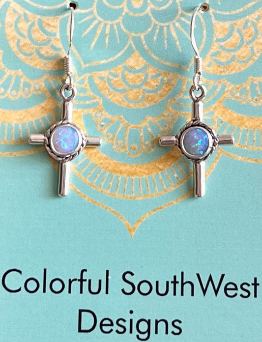 Lab Opal cross dangly earrings sterling silver