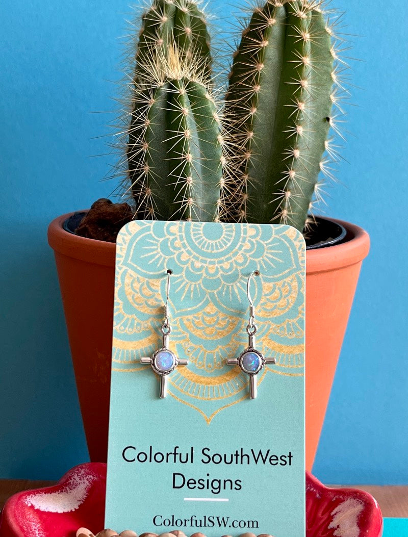 Lab Opal cross dangly earrings sterling silver