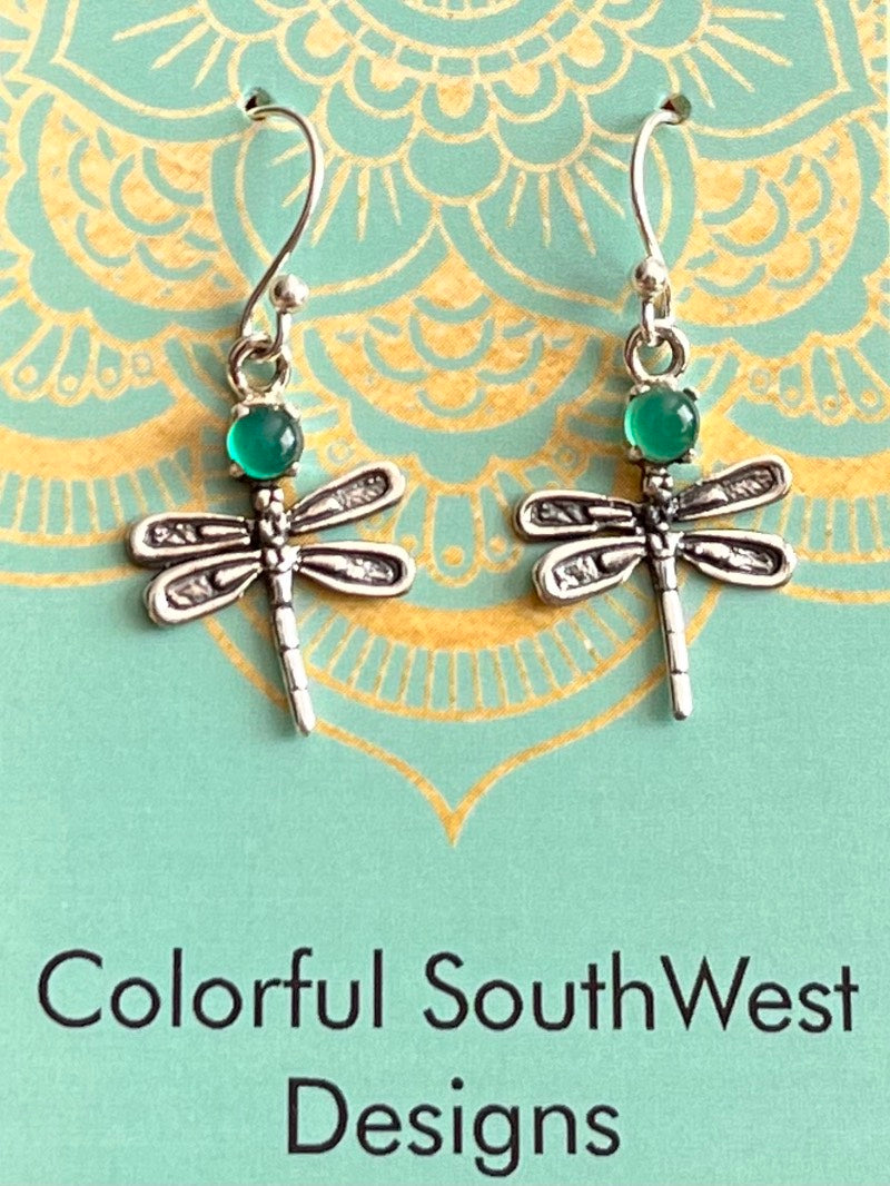 Emerald dragonfly sterling silver earrings 